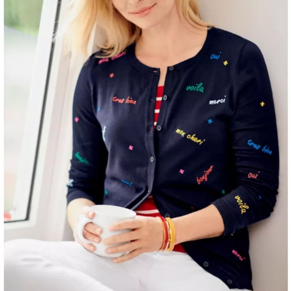 Talbots Charming Embroidered Sweater Cardigan Women's L Blue French Artsy Retro - Picture 2 of 12